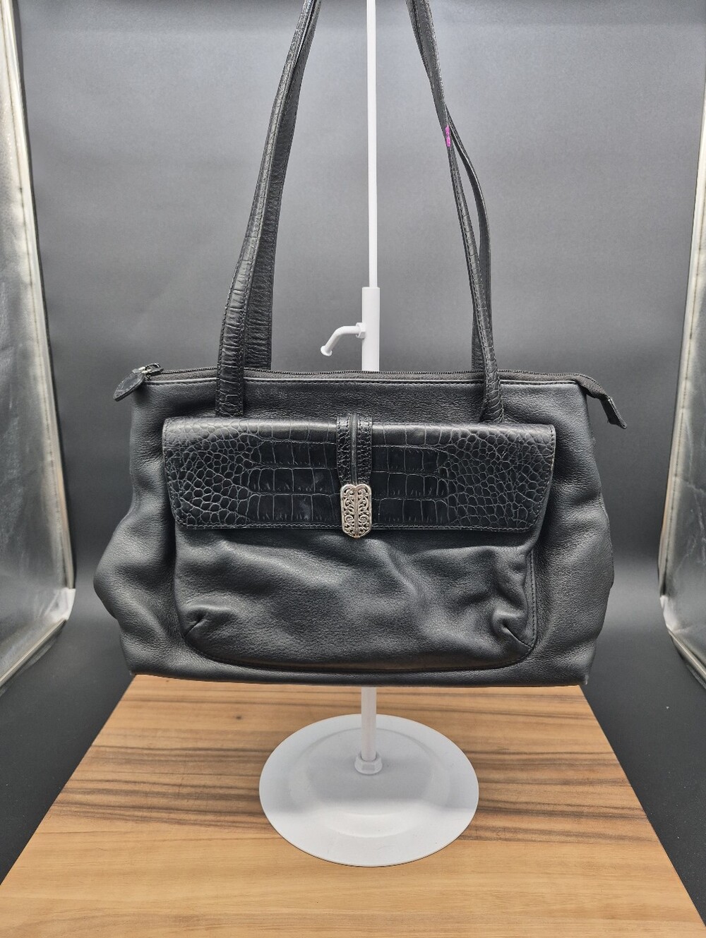 Brighton Classic Black Leather Shoulder Bag with Croc-Embossed Flap, 12x8x3